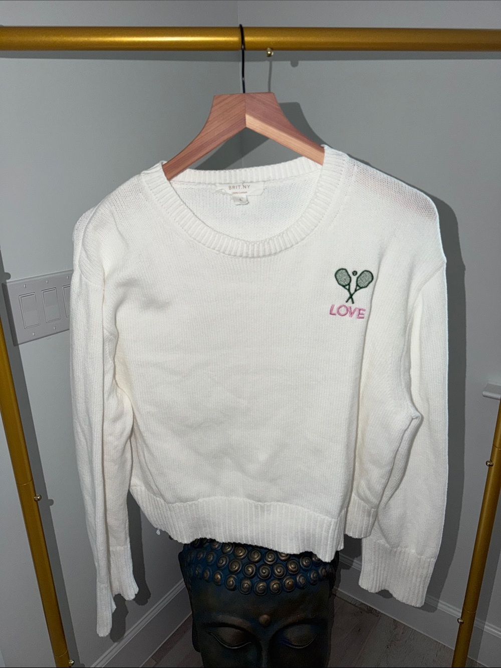 100% Cotton Cream Knit Sweater with Embroidered Tennis Motif